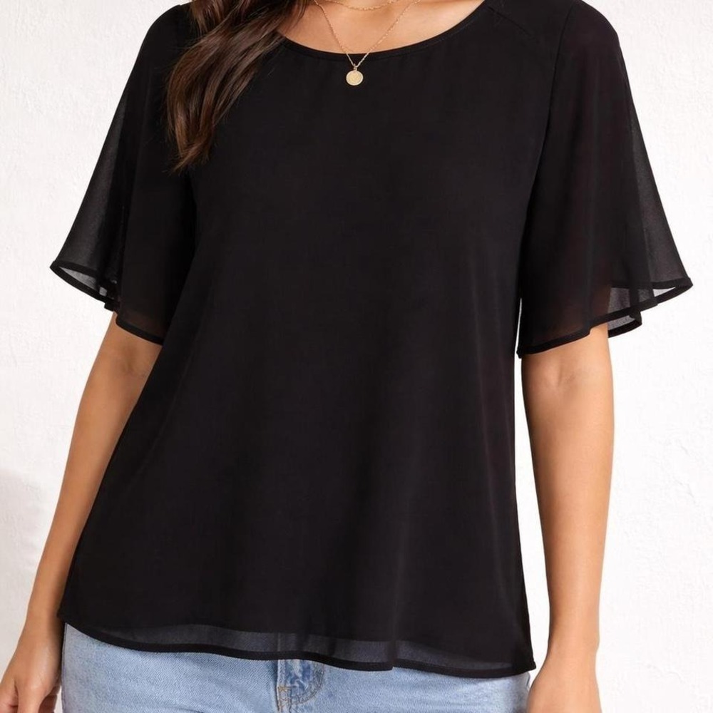 Forever 21 Black Chiffon Flutter Sleeve Blouse Round Neck Keyhole Back Top L‎